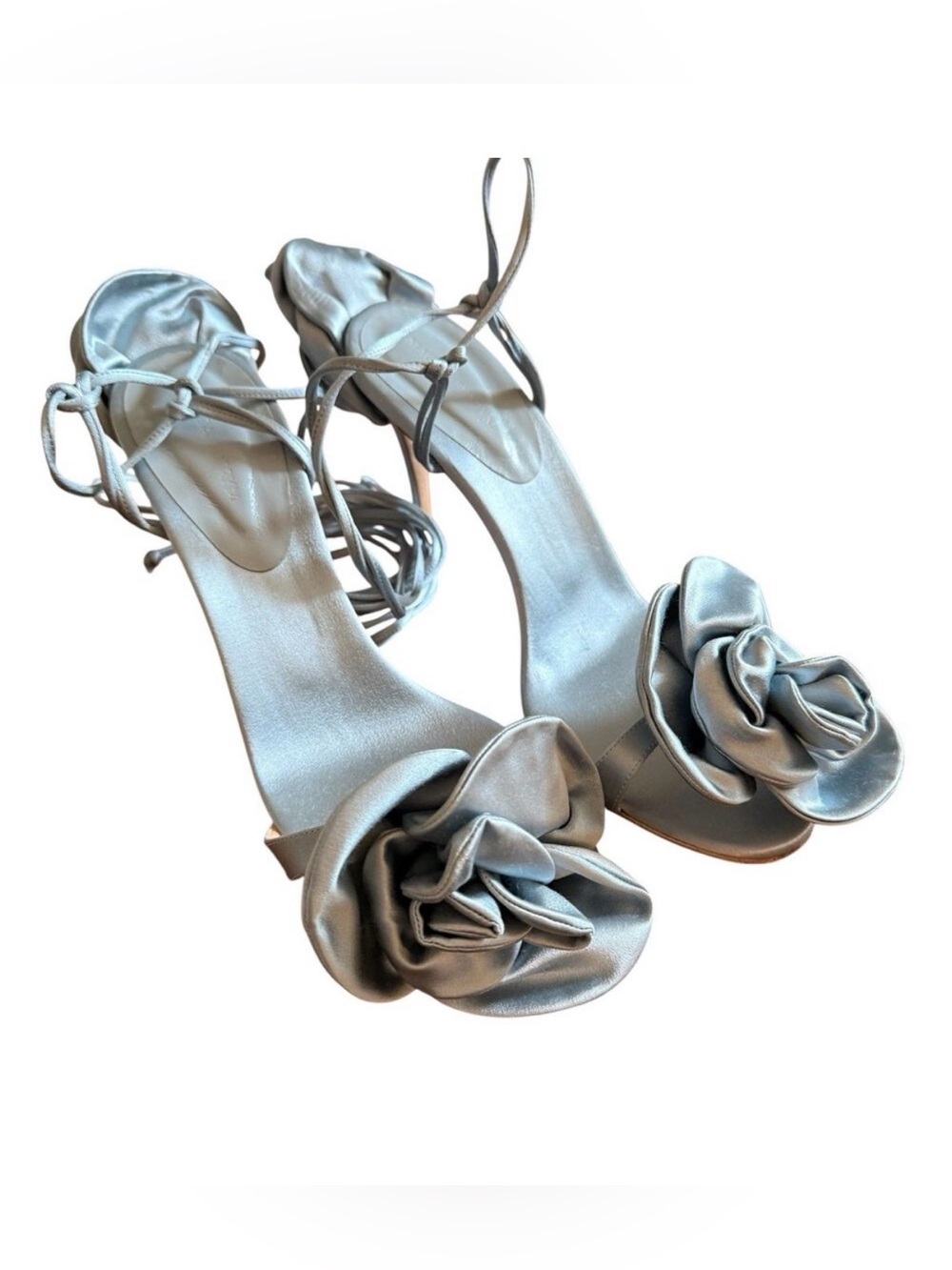 MAGDA BUTRYM Sz 41 Double Flower Heels Sandals Blue Satin Ankle Straps Appliqués